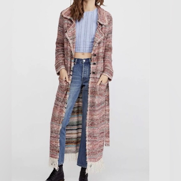 Free People Sweaters - Free People Maxi Coat Duster Desert Sunrise Fringe Hem Belt Button Small XS
